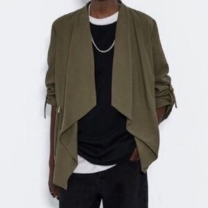 Zara Blazer Open Front Tie Waist Size Small Roll Up Sleeves Cargo Utility Chic